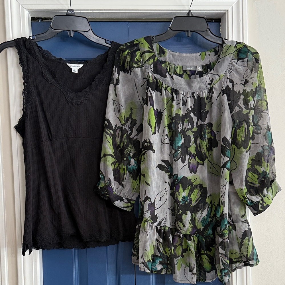 Apt. 9 Sheer Floral Boho Blouse, Calvin Klein Ribbed Lace Tank Bundle Size M